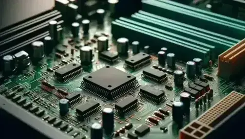 Circuitos impresos con componentes electrónicos como resistencias, capacitores y microchips en placas verdes, con una motherboard al fondo.