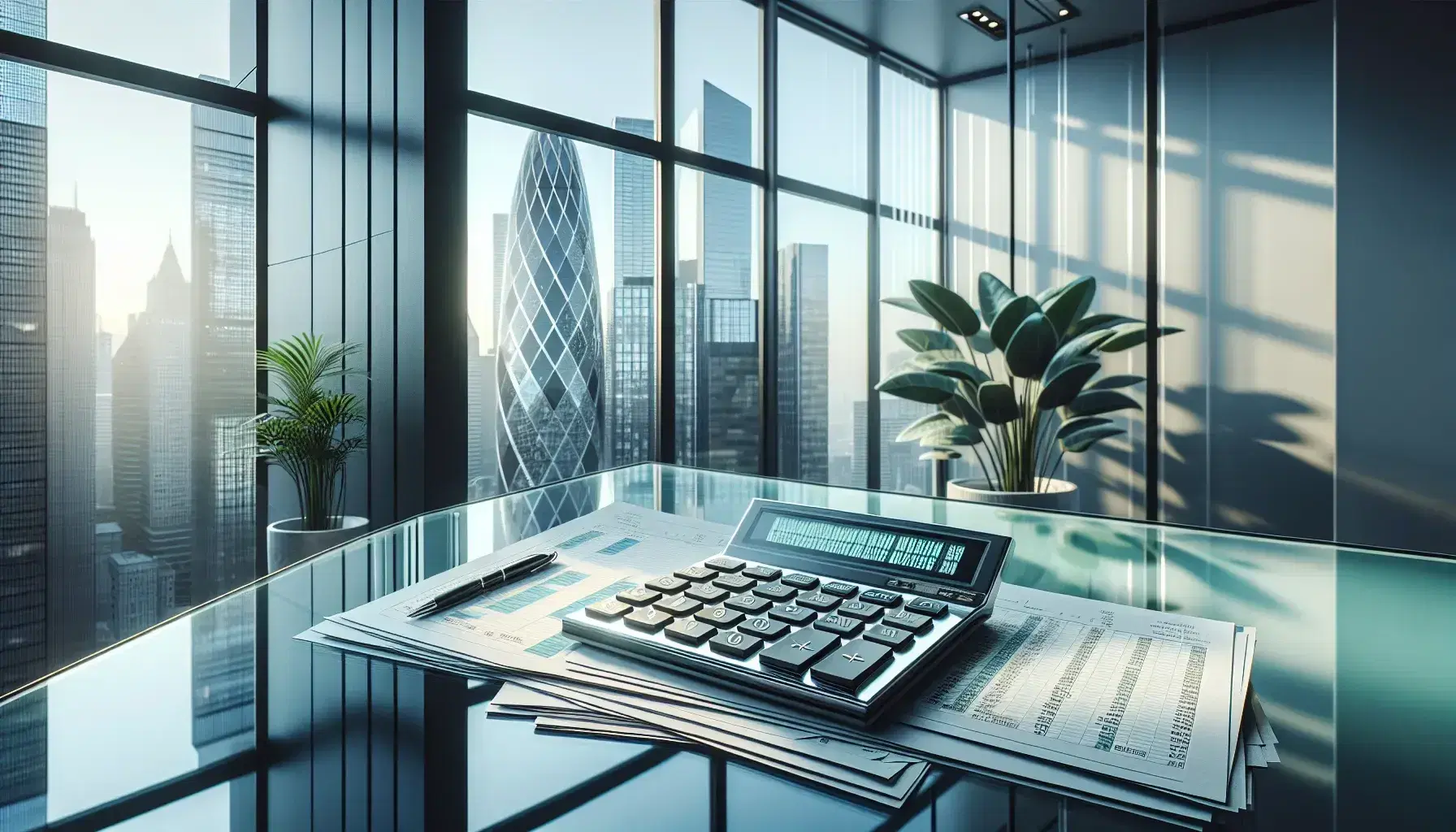 Modern office with glass table, advanced calculator, and financial charts, overlooking a city skyline through a panoramic window, accented by a lush potted plant.