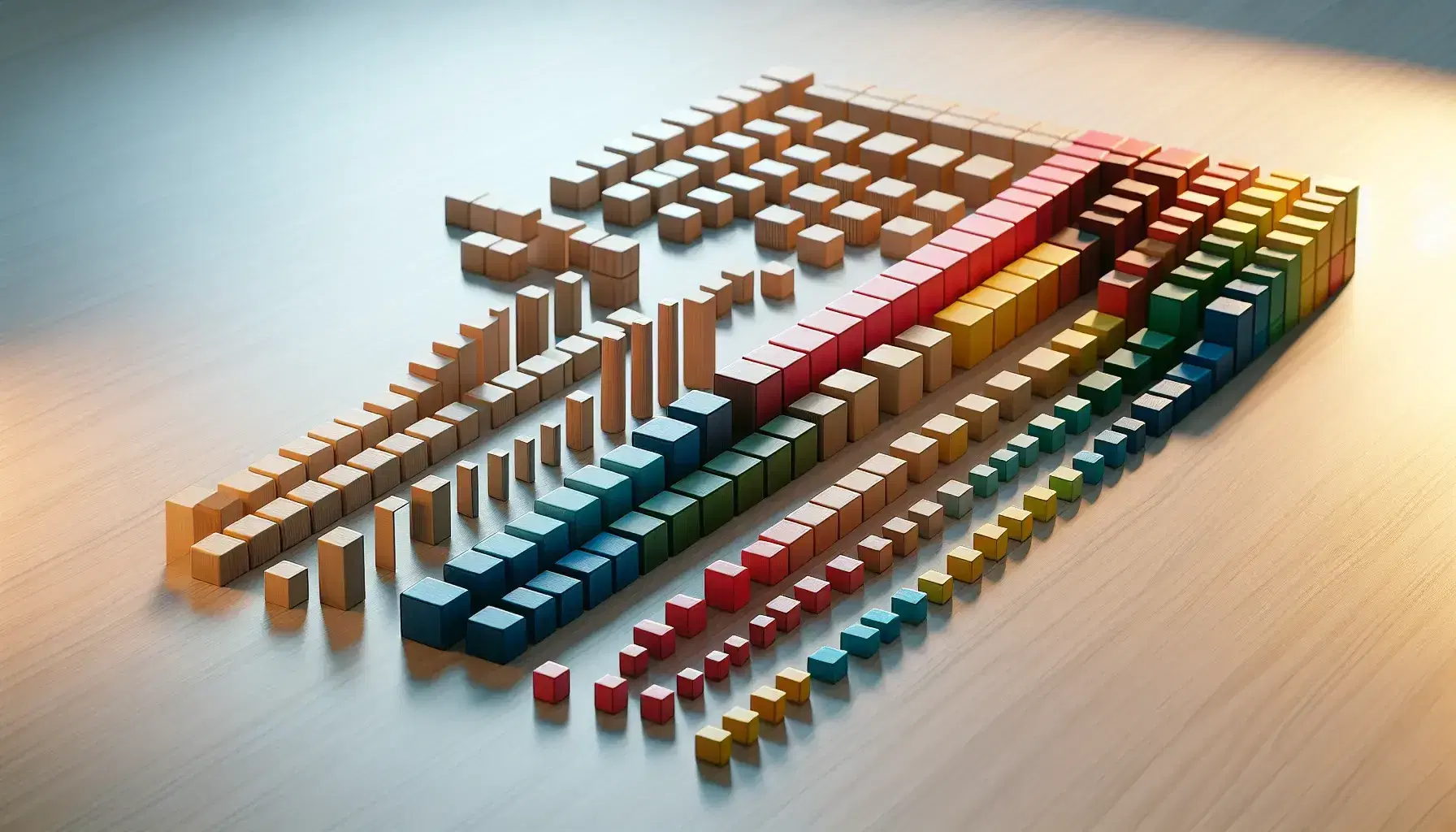 Colorful wooden blocks in ascending sizes with red, blue, green, and yellow squares and rectangles arranged on a light wooden table.