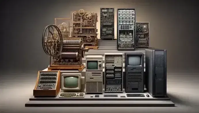 Evolución de la computación desde la Máquina Diferencial de Babbage hasta una tablet moderna, mostrando transición de tecnologías.