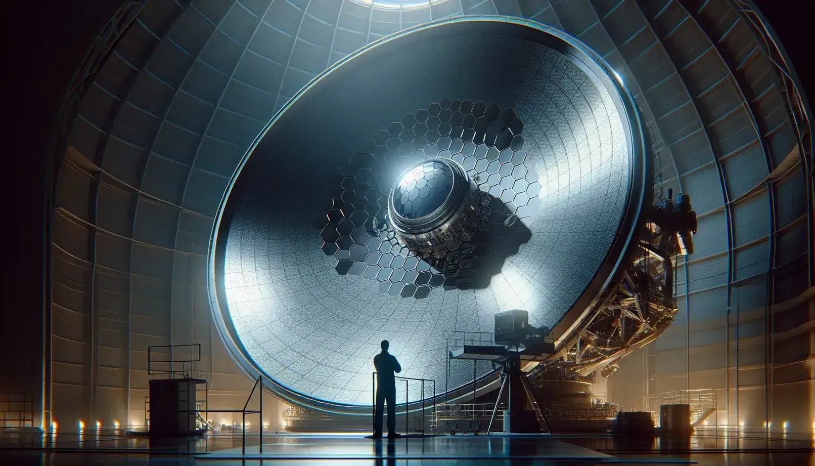 Giant telescope primary mirror with hexagonal segments and a technician inspecting it, showcasing advanced astronomical equipment in a clean room.