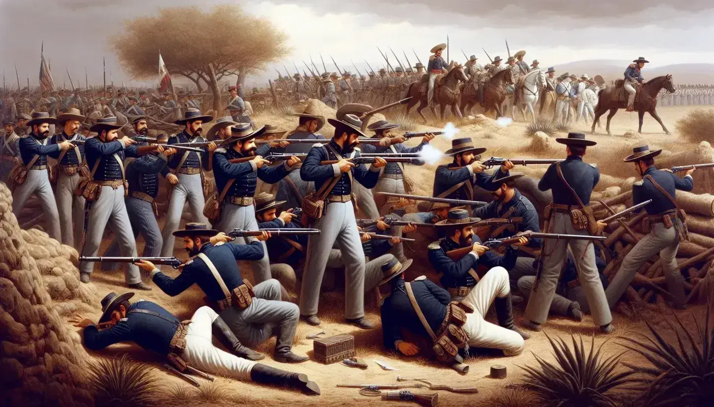 American and Mexican soldiers clash in a desert landscape during the Mexican-American War, depicted with muskets and bayonets in combat.