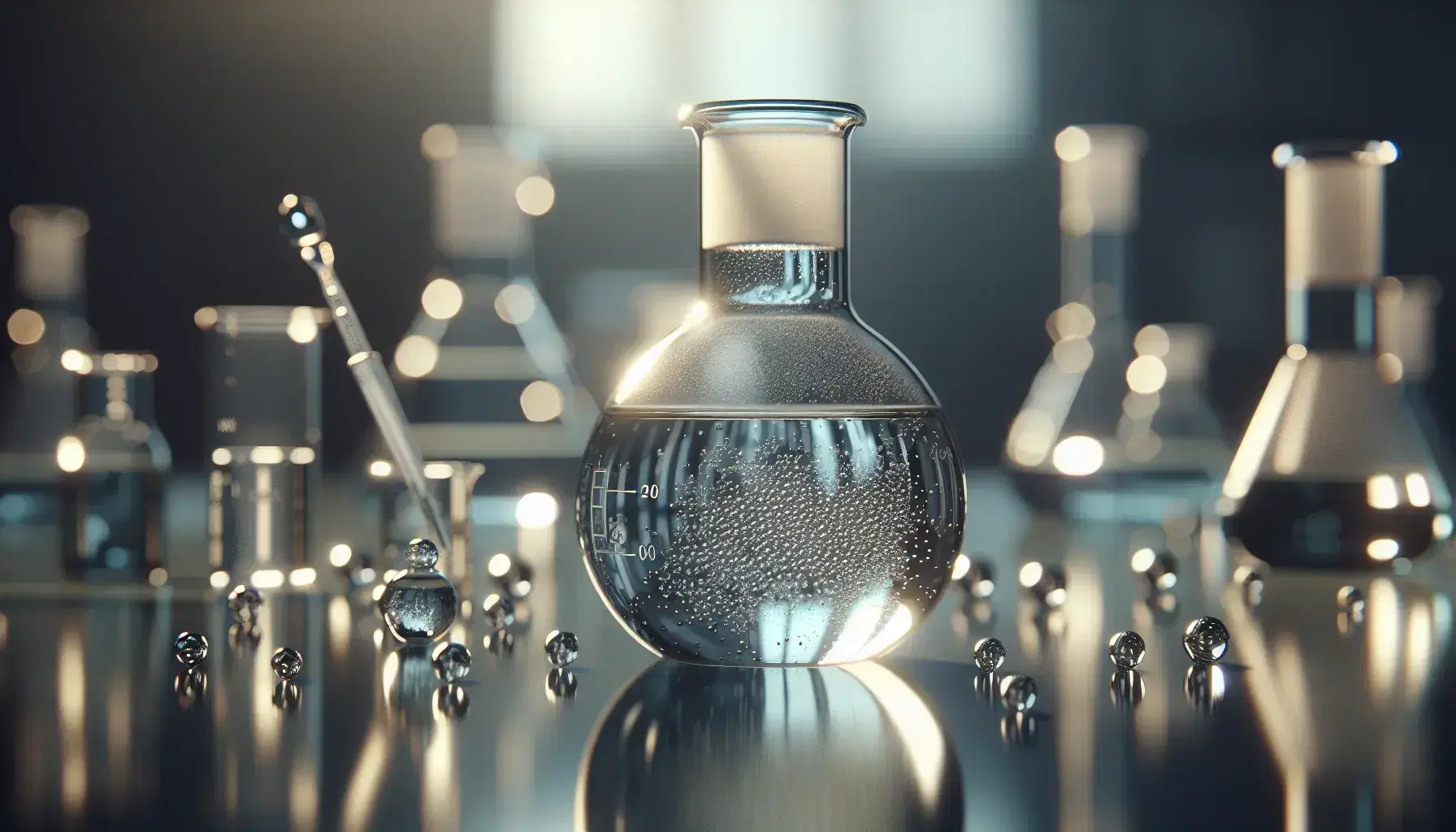 Glass flask on reflective laboratory bench with colorless liquid and glittering metallic particles, pipette with light yellow liquid at the side.