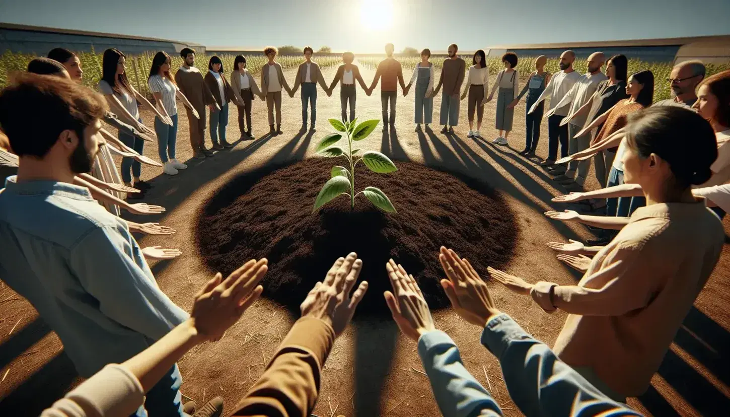 Grupo diverso de personas en círculo alrededor de una planta joven bajo la luz del sol, simbolizando unidad y crecimiento en un día despejado.
