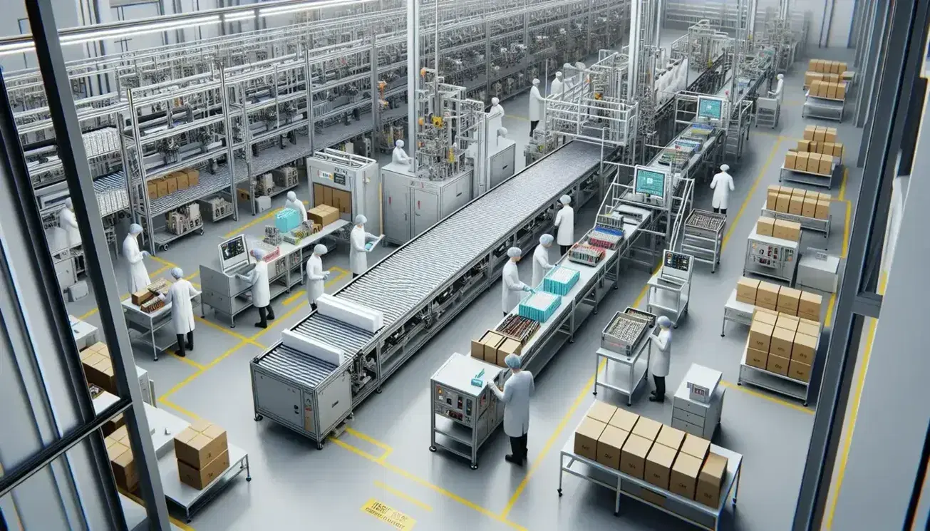 Planta industrial con línea de ensamblaje y trabajadores en batas blancas manipulando productos en una cinta transportadora, estanterías con componentes y suelo demarcado.