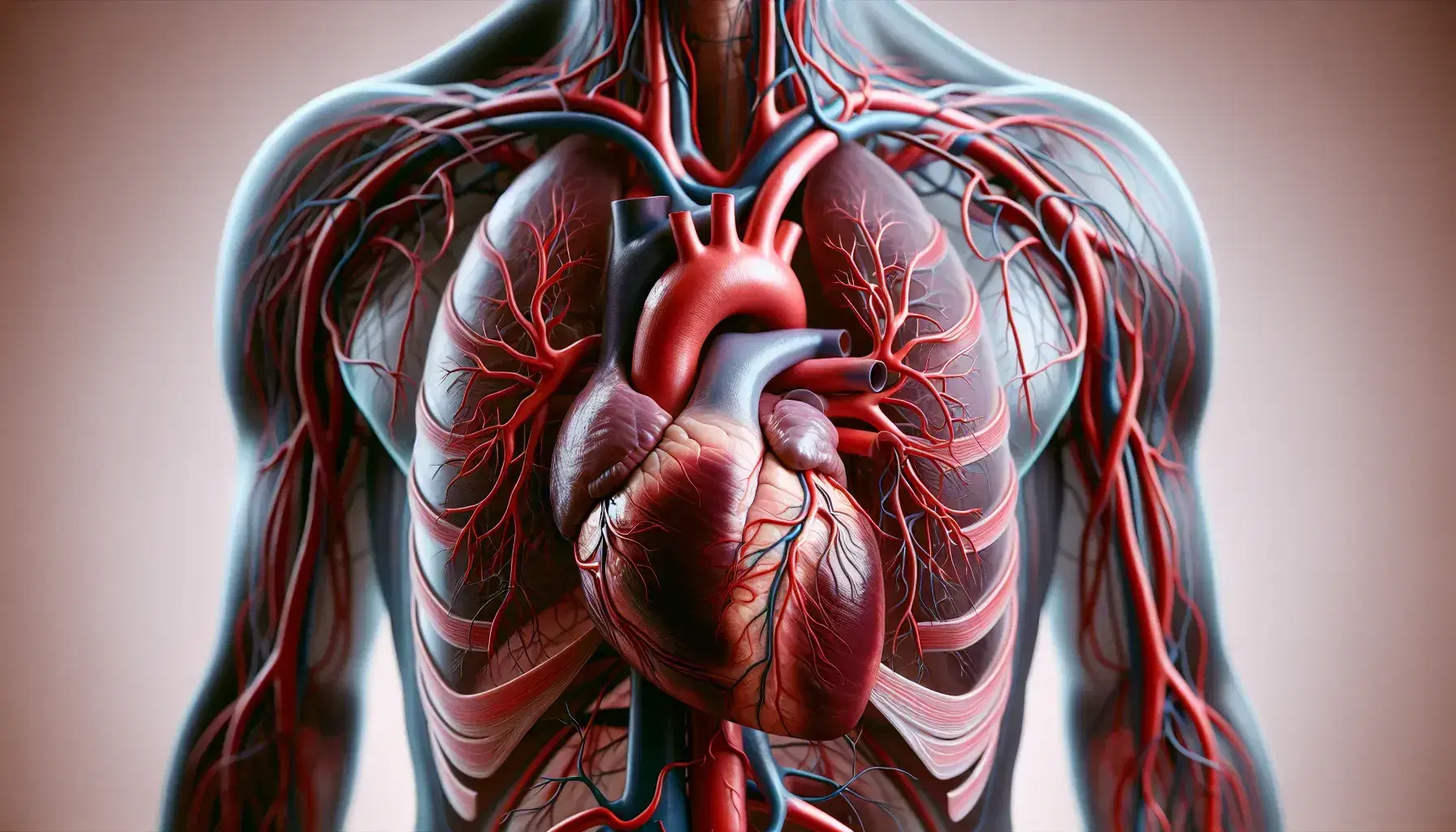 Rappresentazione dettagliata del sistema cardiovascolare umano con cuore, arterie in rosso, vene in blu e polmoni rosa.