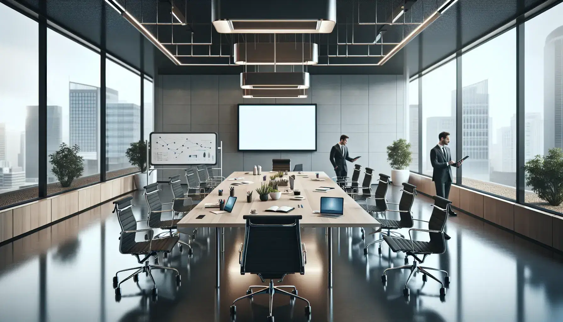 Sala de juntas moderna y luminosa con mesa de madera, sillas ergonómicas, dispositivos electrónicos, pizarra blanca y vista urbana a través de grandes ventanas.