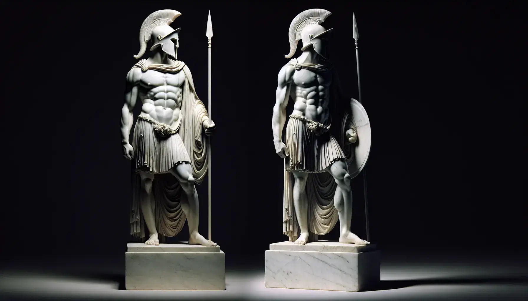Scultura in marmo bianco di guerriero greco con elmo corinzio, corazza muscolosa e mantello, impugnante lancia e scudo rotondo.