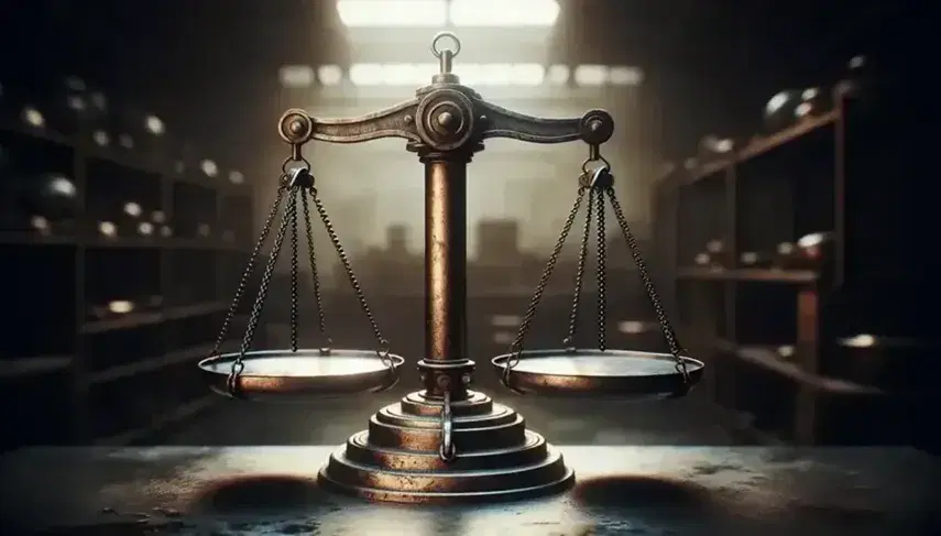 Bilancia a due piatti antica in metallo lucidato, con segni di usura e piatti in equilibrio, sospesi da catene, su sfondo sfocato.