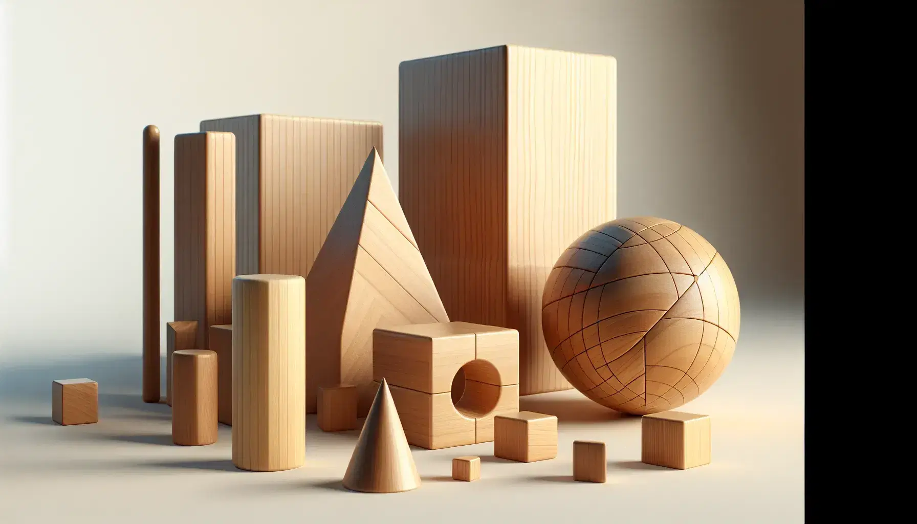 Conjunto de figuras geométricas de madera en 3D sobre superficie clara, incluyendo un cubo, esfera, cilindro, cono y pirámide.