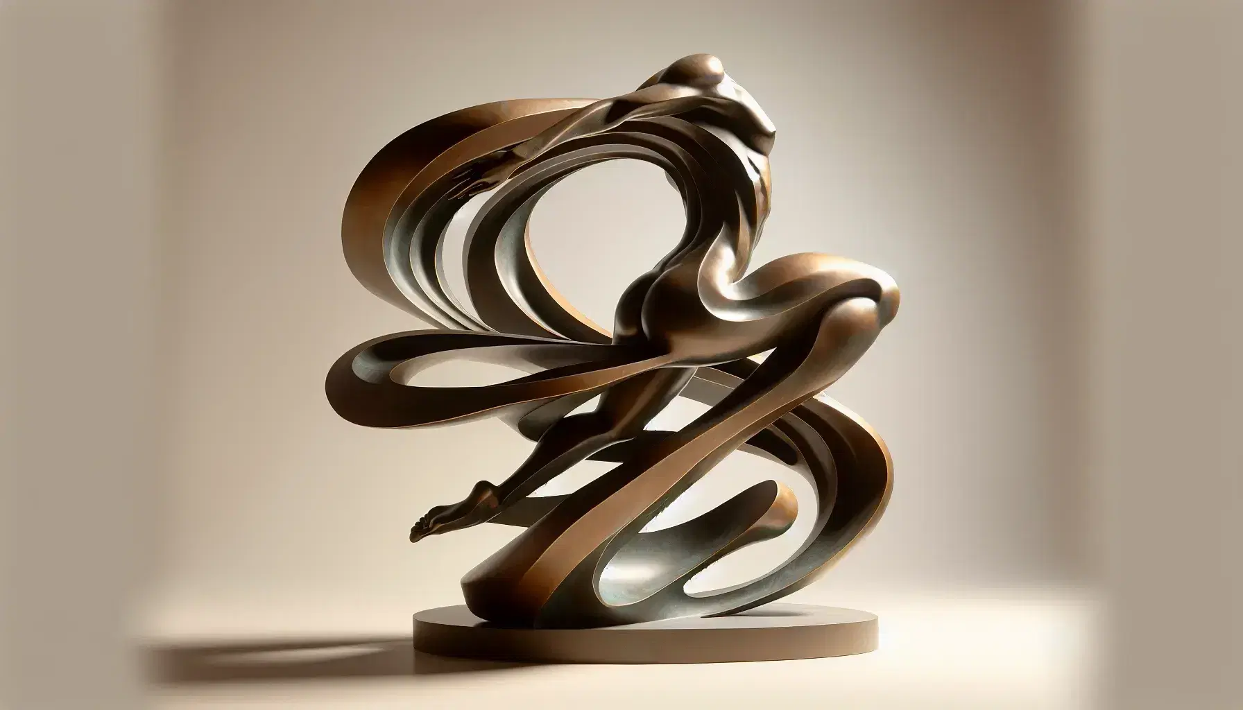 Scultura in bronzo futurista ispirata all'opera 'Forme uniche della continuità nello spazio', figura umana astratta in movimento su sfondo neutro.