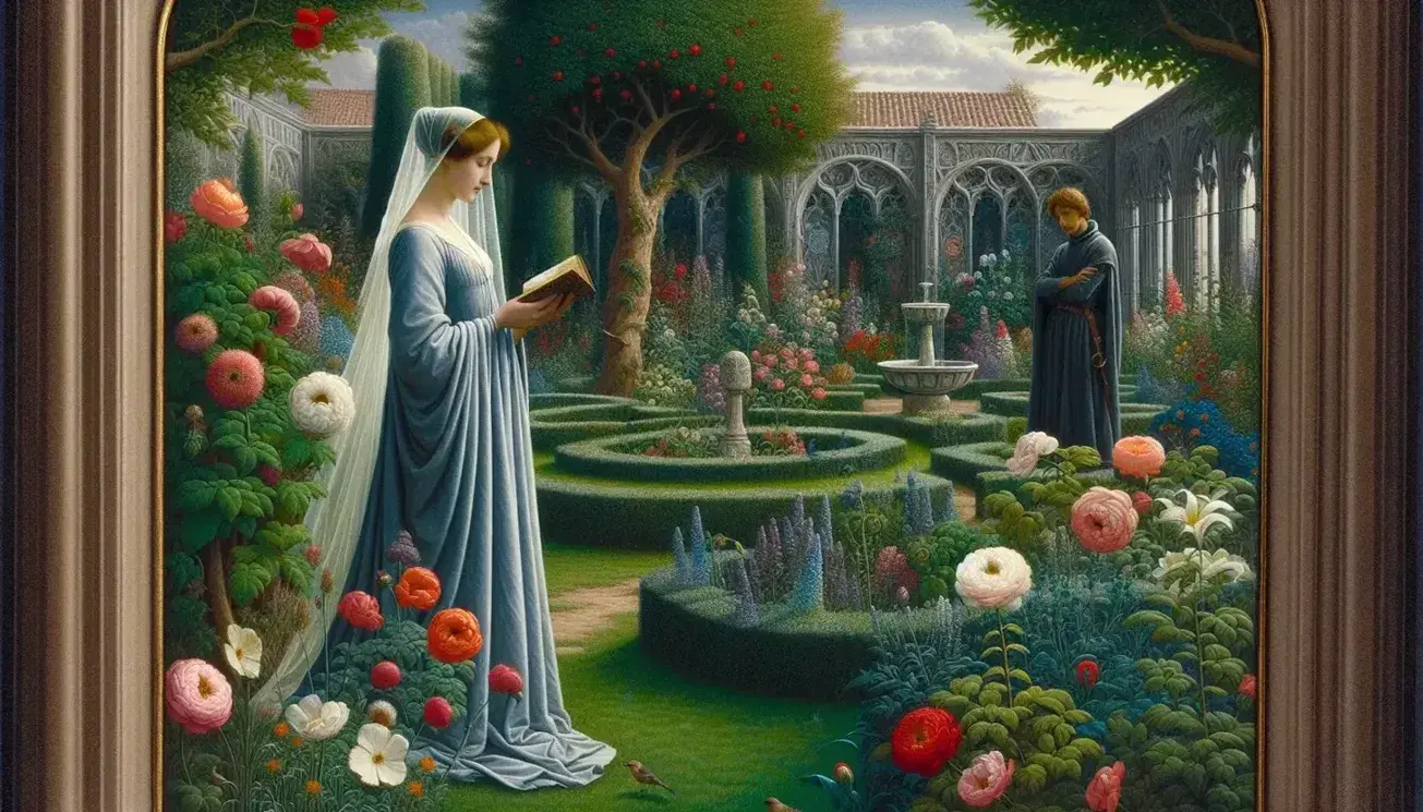 Donna in abito azzurro legge un libro in giardino medievale fiorito con fontana, osservata a distanza da uomo in abito scuro.