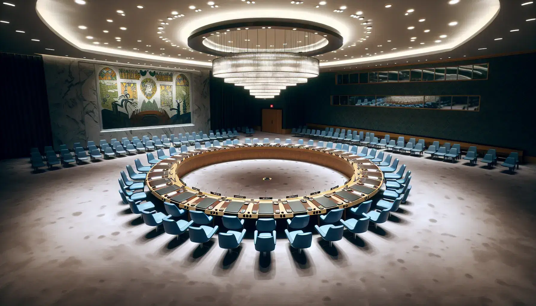 Elegant conference room with a horseshoe-shaped table, deep blue armchairs, and a tiered chandelier, suggesting a formal diplomatic setting.