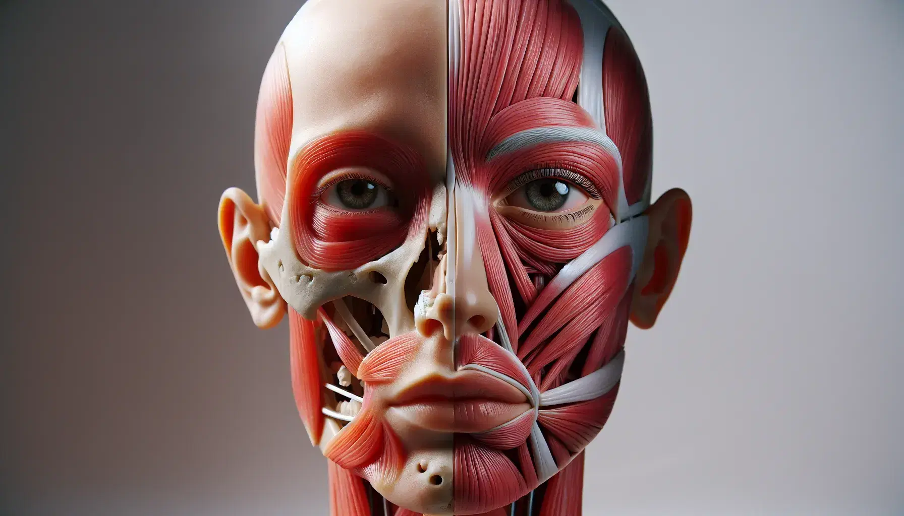 Modelo anatómico de cabeza humana desmontable mostrando músculos faciales y estructura ósea en la mitad derecha y apariencia natural en la izquierda.