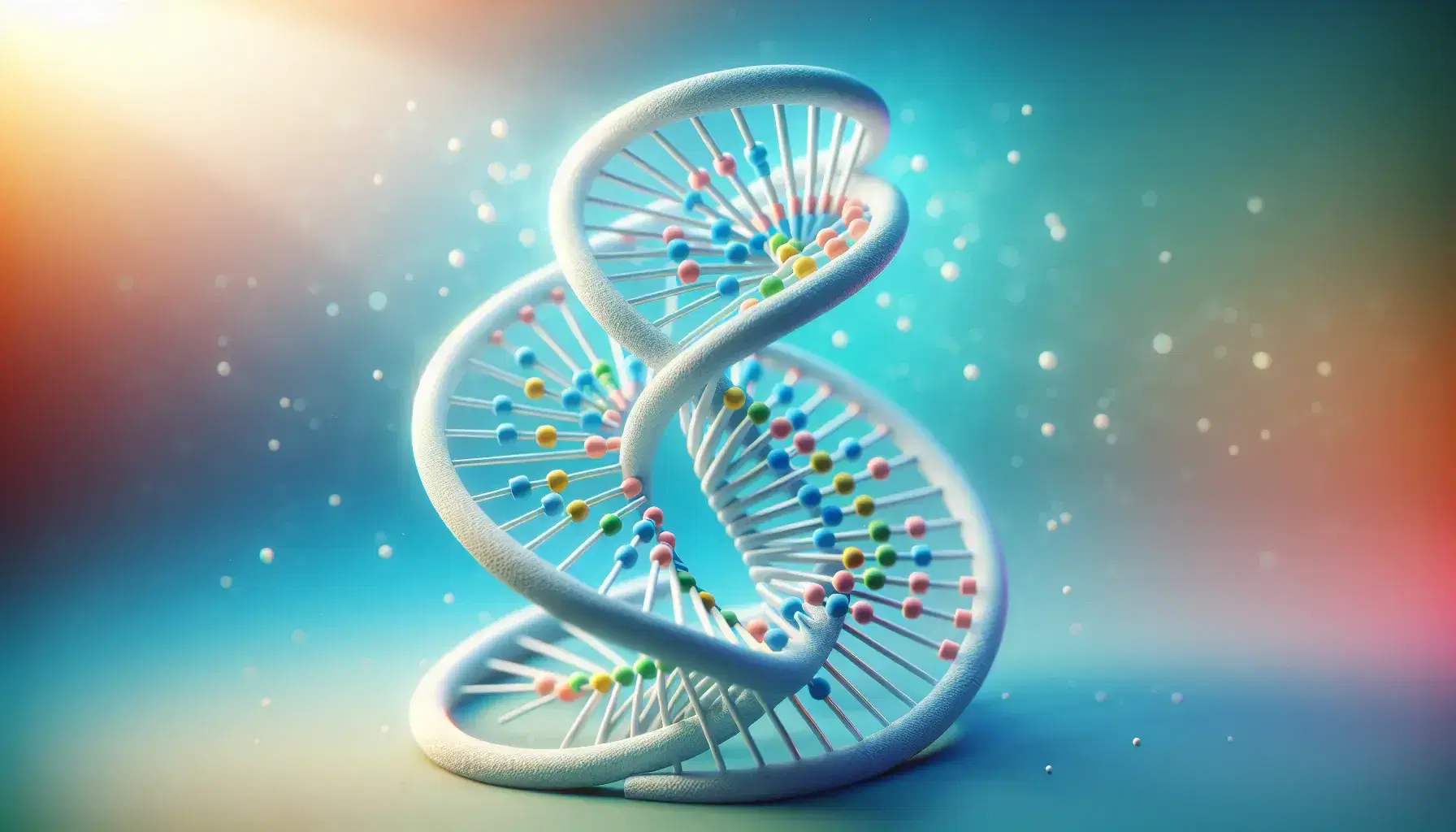 Estructura de doble hélice en 3D con pares de barras en tonos de rosa, amarillo, verde y naranja sobre fondo desenfocado azul-verde.