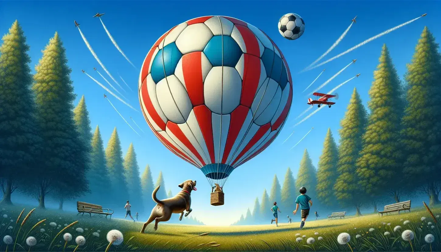 Red and white striped hot air balloon with two passengers in a blue sky, Labrador retriever chasing a soccer ball on a grassy field with trees.