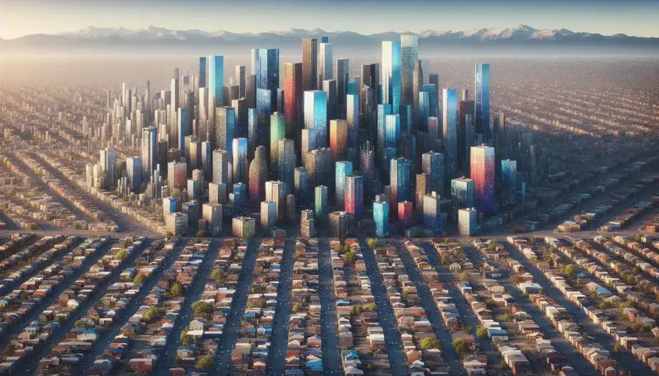 Veduta aerea di una metropoli americana con grattacieli, strade trafficate, zone residenziali, fiume, montagne e campi coltivati.