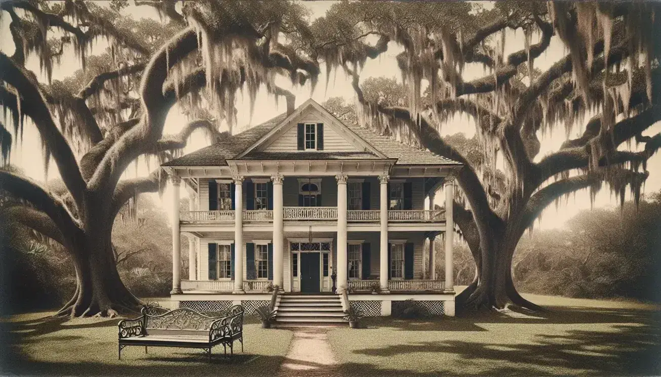 Vintage Southern plantation-style home with white siding, grand columns, and a porch with a metal garden bench, surrounded by oak trees with Spanish moss under a clear blue sky.