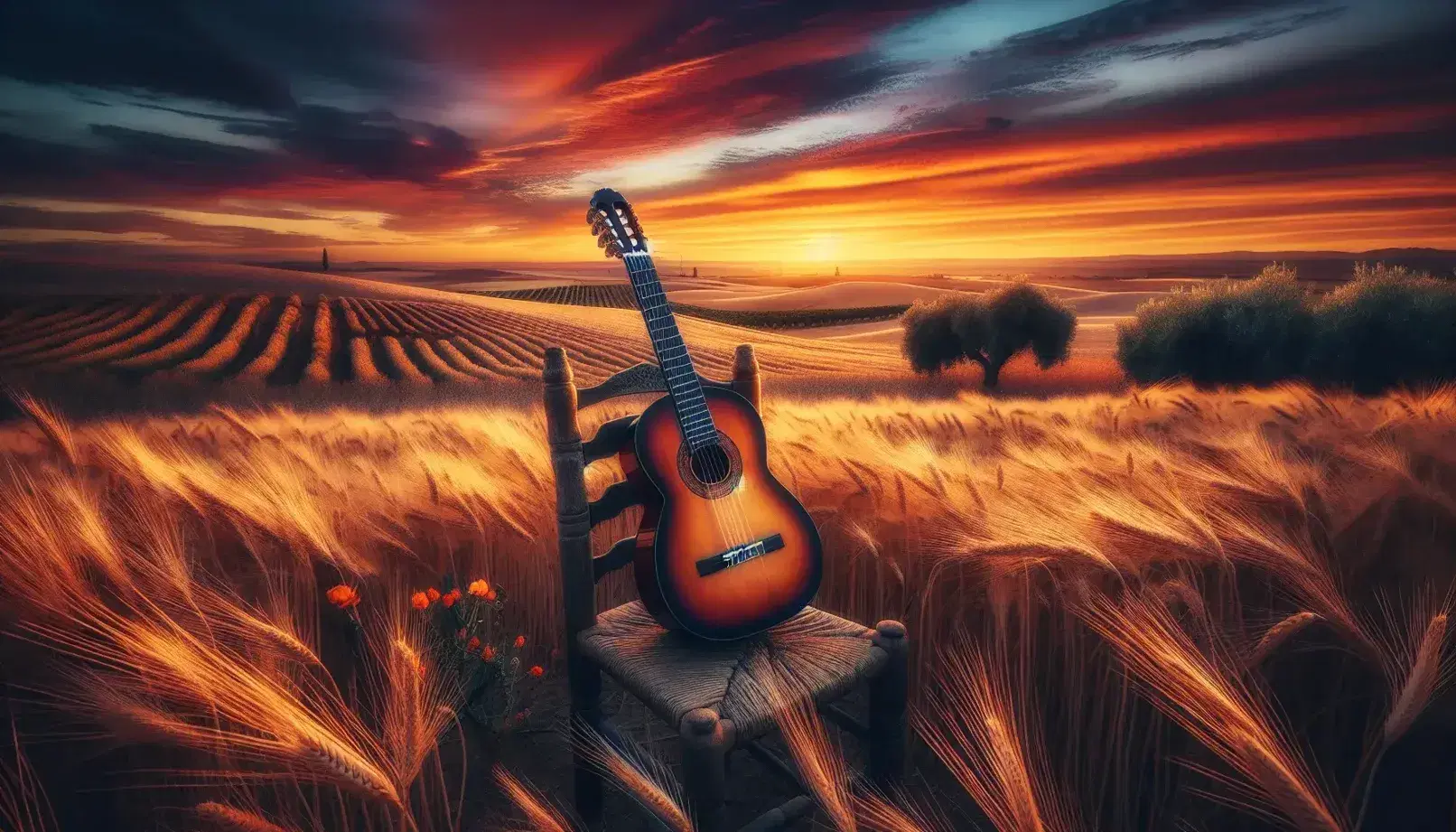 Chitarra spagnola su sedia di legno con riflesso tramonto, campo di grano dorato e silhouette di ulivi in paesaggio andaluso.