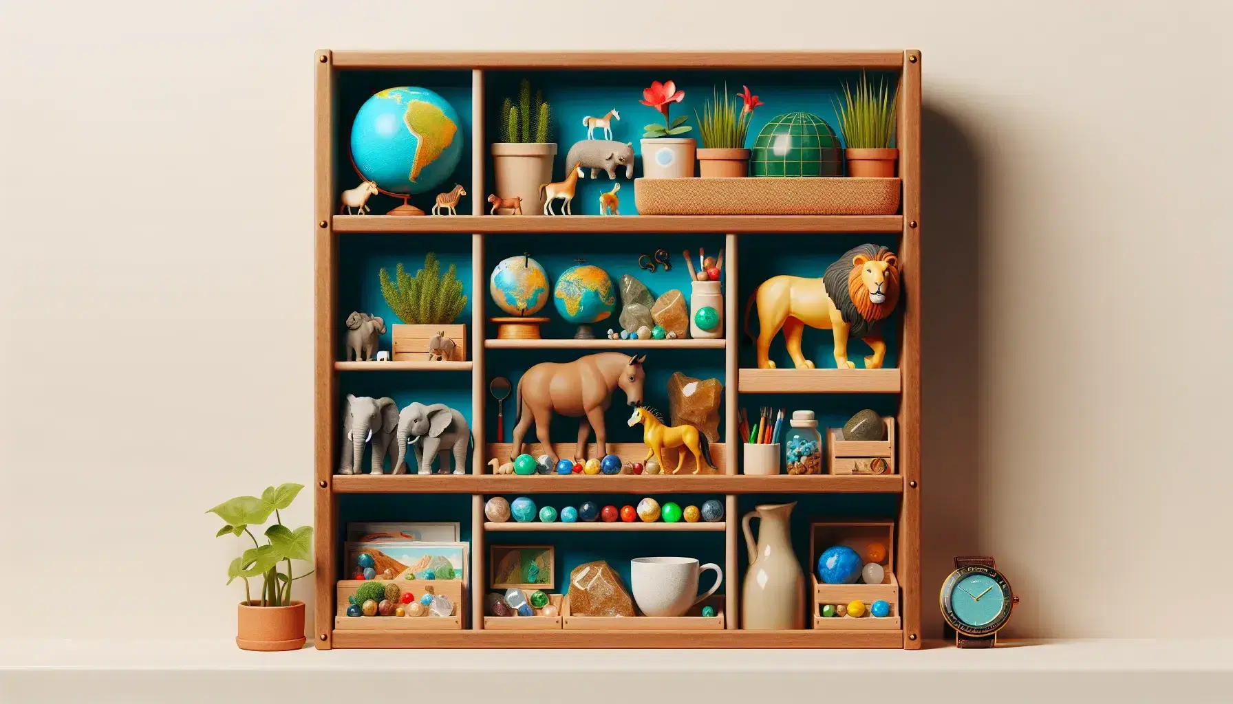 Estante de madera con figuras de animales, globo terráqueo, colección de piedras y minerales, planta en maceta, taza, reloj y gafas, sobre fondo crema.