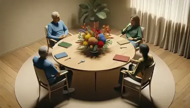 Mesa redonda de madera con cuatro personas sentadas en sillas contemporáneas, conversando tranquilamente en una habitación con iluminación suave y centro de mesa floral.