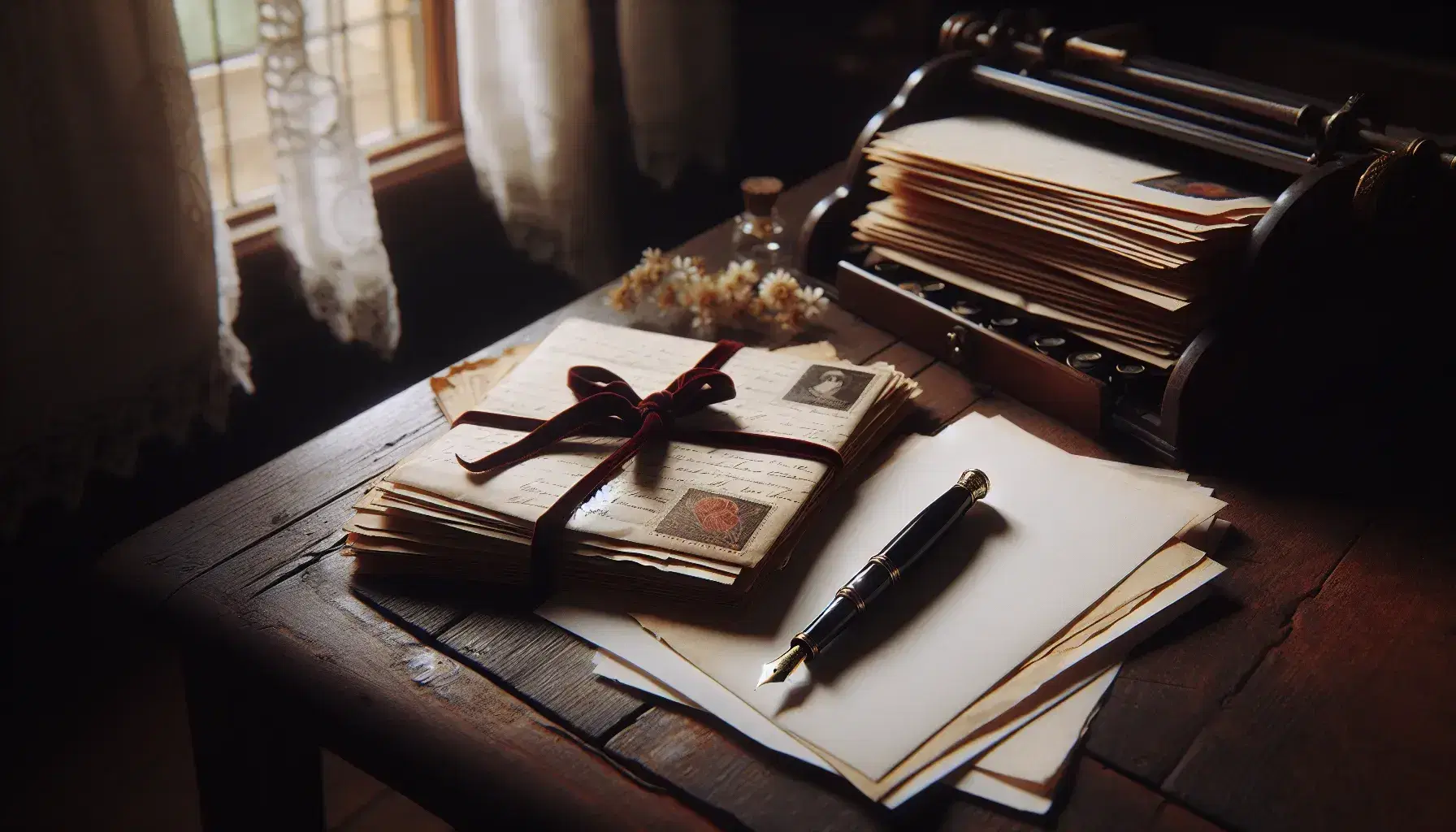 Scrivania in legno scuro con lettere antiche legate da nastro di velluto rosso, penna stilografica nera e oro, foglio bianco e mazzolino di fiori selvatici.