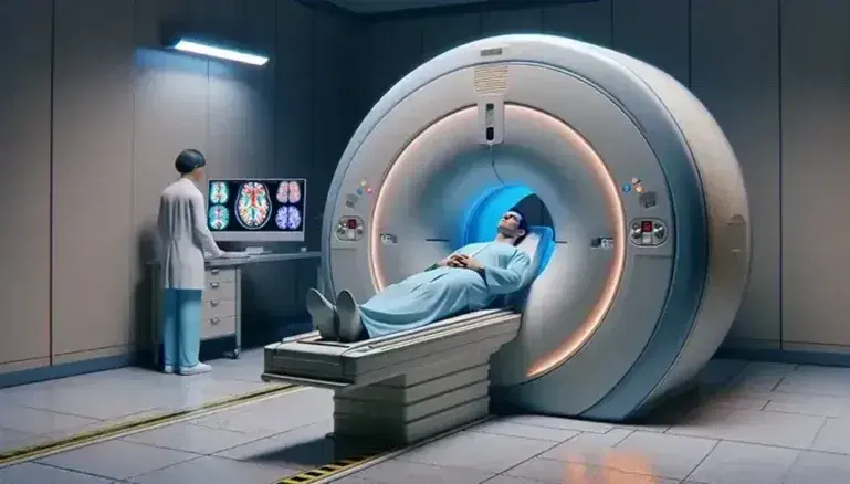 Scena di neuroimaging con uomo in risonanza magnetica funzionale e operatore che monitora attività cerebrali su schermo.
