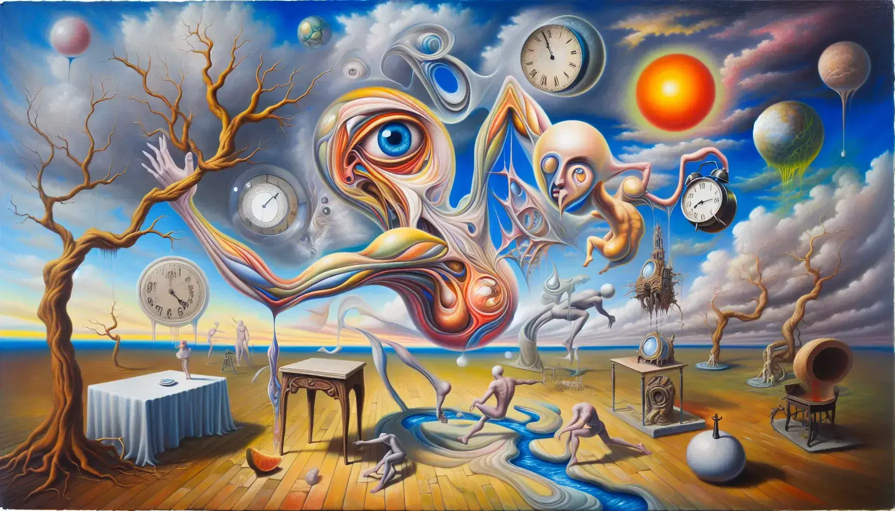 Quadro surrealista con figura antropomorfa centrale, orologi morbidi, paesaggio ibrido giorno-notte e osservatori in miniatura.