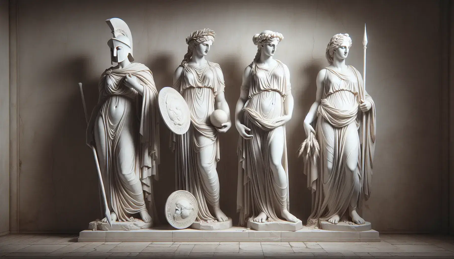 Cuatro estatuas de mármol blanco de mujeres en vestimenta griega antigua con atributos como casco, lanza, escudo, granada y antorcha.