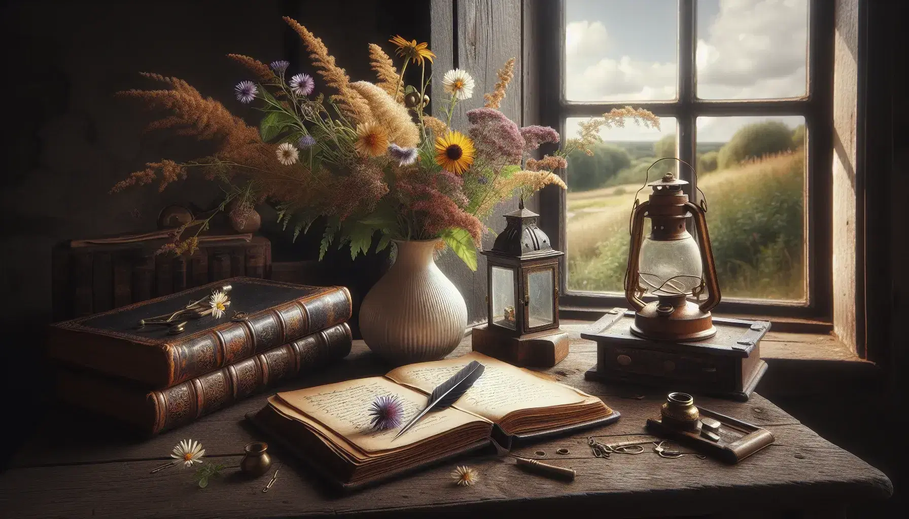 Scrivania in legno scuro con calamaio antico, piuma, libro rilegato in pelle, vaso di fiori selvatici e lanterna, davanti a finestra aperta su paesaggio rurale.