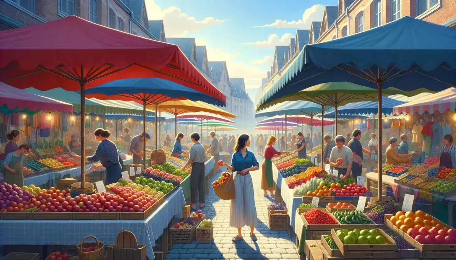 Mercado al aire libre con puestos de frutas y verduras frescas, compradores seleccionando productos y vendedores atendiendo bajo un cielo azul despejado.