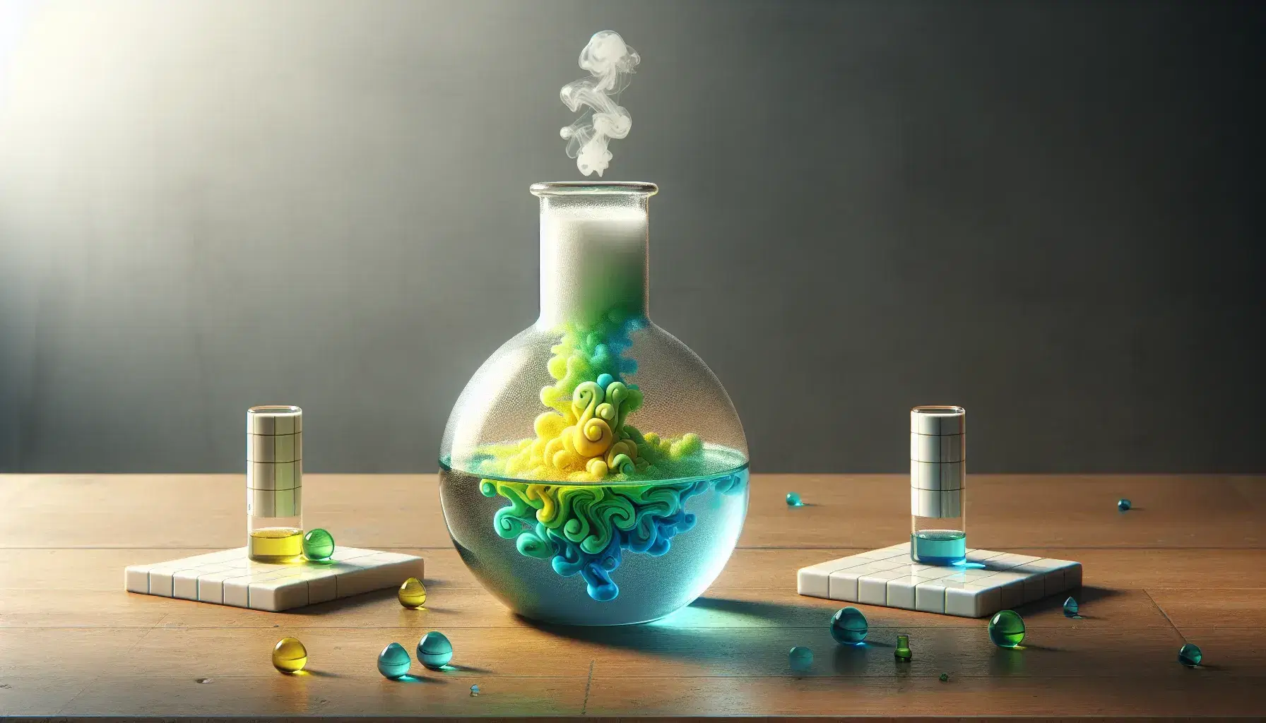 Glass flask on laboratory bench with colorful chemical reaction, blue and yellow liquids forming green, contained vapors, drops on tiles.