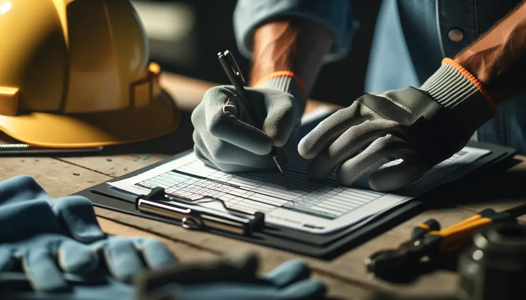 Manos con guantes de seguridad azules escribiendo en formulario sobre portapapeles gris, con casco amarillo y equipo de protección desenfocado al fondo.