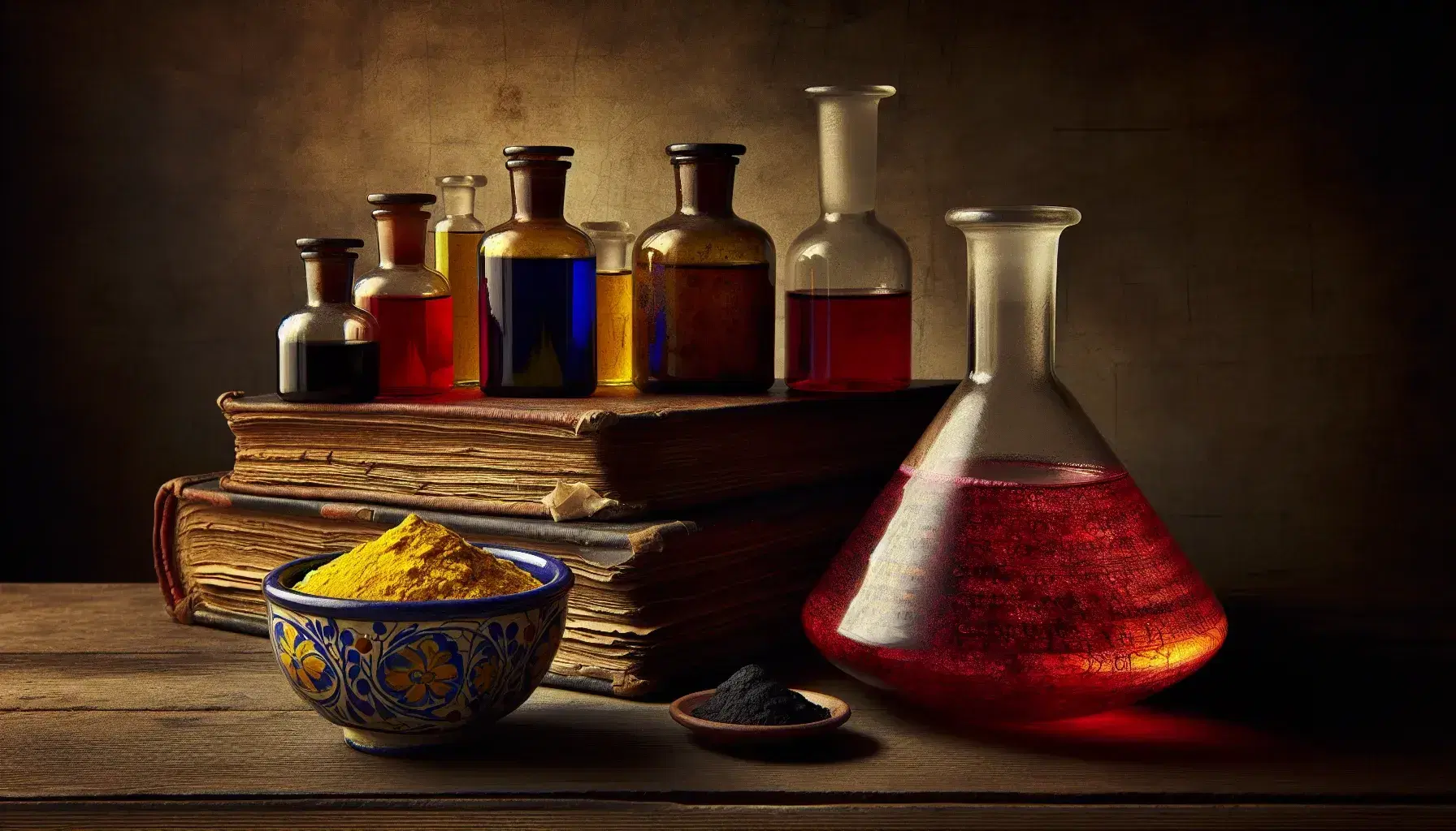 Still life with a red liquid in a glass flask, yellow sulfur in a blue ceramic bowl, black bile, an open book, and vials with colored liquids on a wooden table.