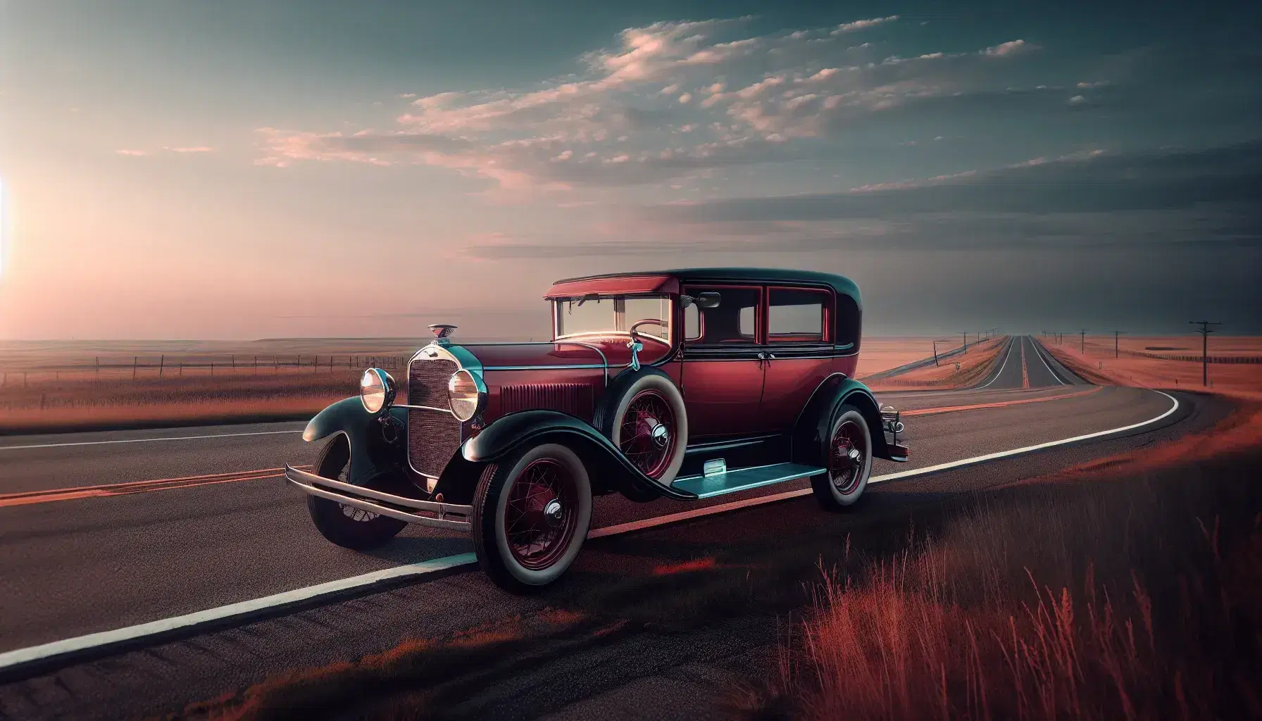 Vintage cherry red early 20th-century car with chrome accents parked on a highway at dawn/dusk, reflecting the gradient sky in a vast open landscape.