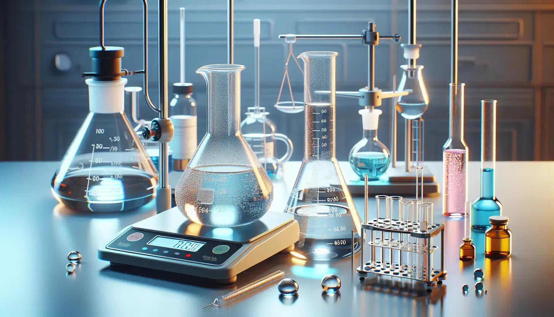 Laboratorio químico con Erlenmeyer de solución azul, cilindro graduado, tubo de ensayo amarillo en soporte, vaso con solución rosa y balanza analítica.