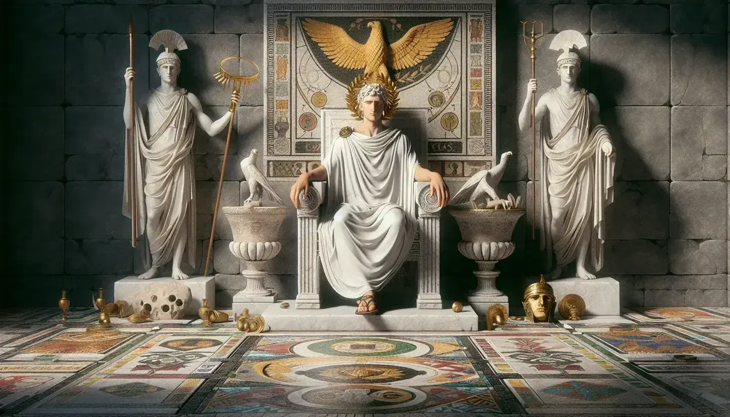 Scena di trono romano antico con uomo in toga e corona di alloro seduto, statue di divinità, mosaici e affreschi sulle pareti.