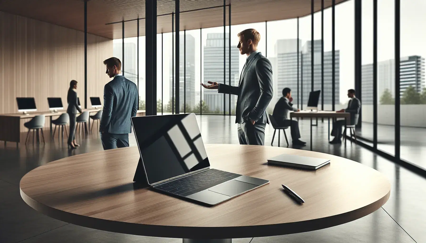 Modern office with open-plan layout, round table with laptop and tablet, two professionals in discussion, large window with city view, bright natural light.