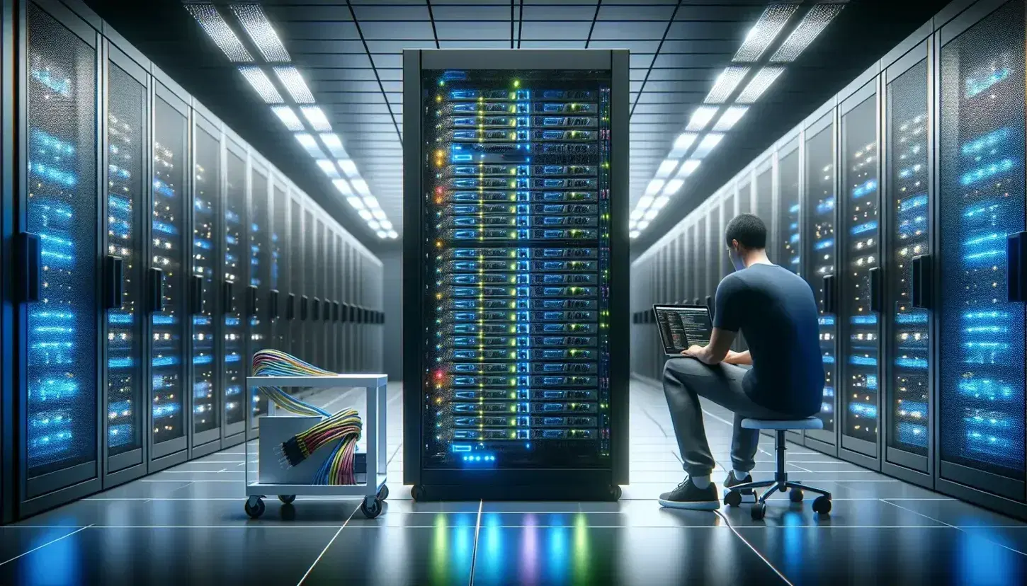 Sala server moderna con rack nero, luci LED blu e verdi, cavi colorati e tecnico al laptop su tavolino mobile.