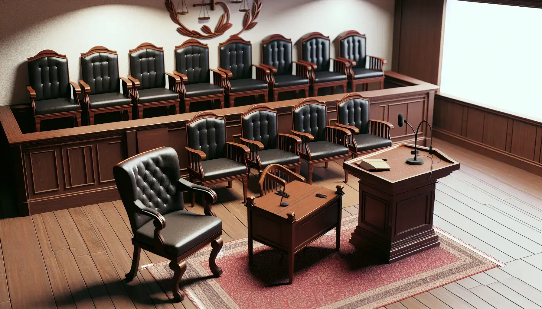 Courtroom interior with witness stand, judge's bench, jury box with twelve chairs, two lawyers' tables, and a large wooden door.
