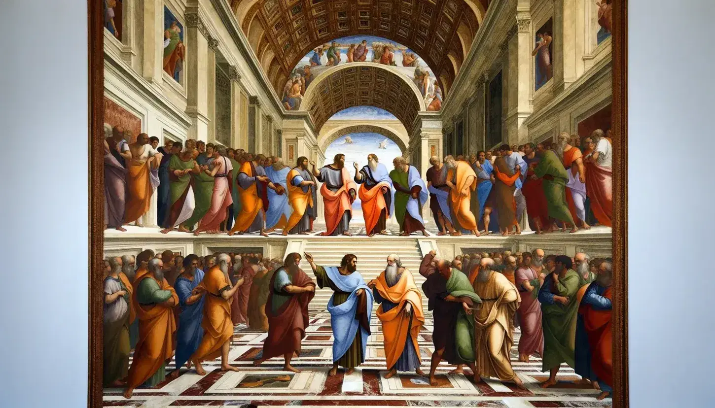 Affresco 'La Scuola di Atene' di Raffaello con Platone e Aristotele al centro, circondati da filosofi in un'architettura classica.