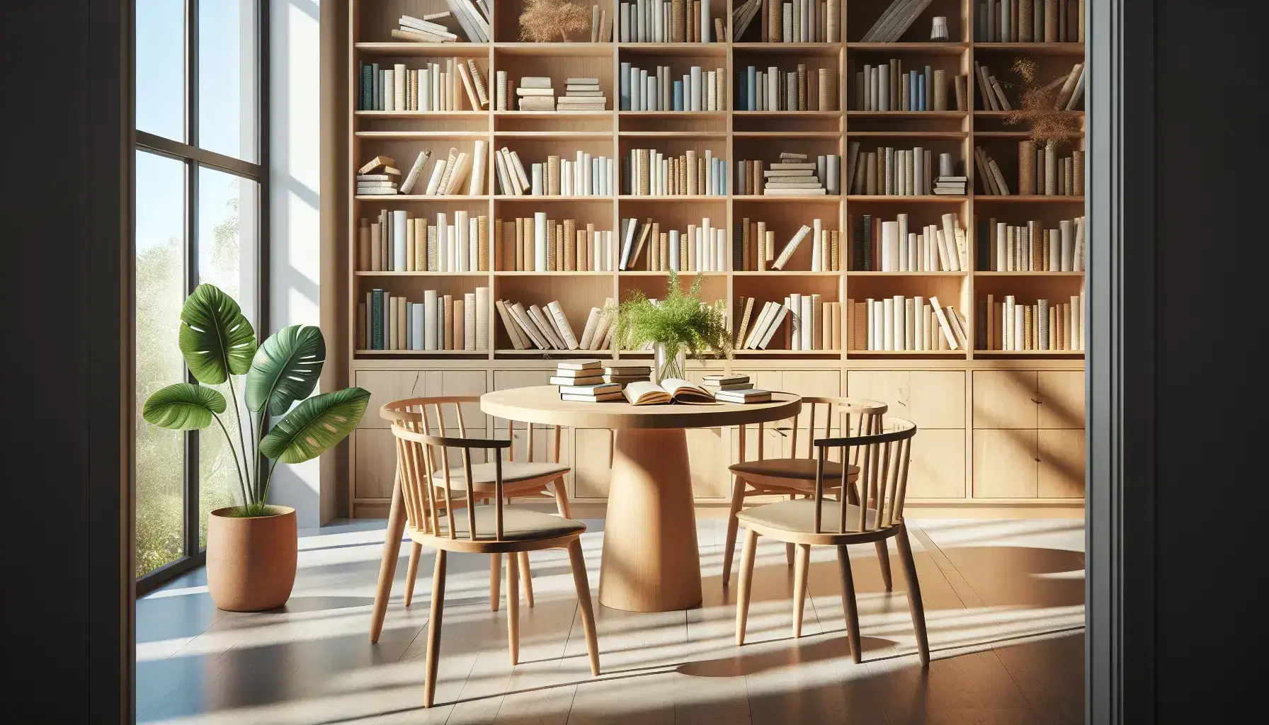Biblioteca moderna y luminosa con estanterías de madera clara llenas de libros, mesa redonda central con sillas a juego y planta verde en primer plano.