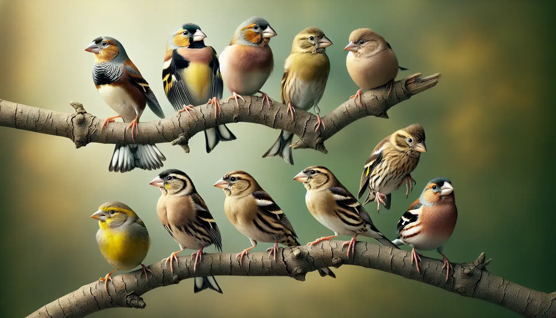 Diverse finches with varying beak shapes perched on a diagonal branch against a blurred green background, highlighting species variation.