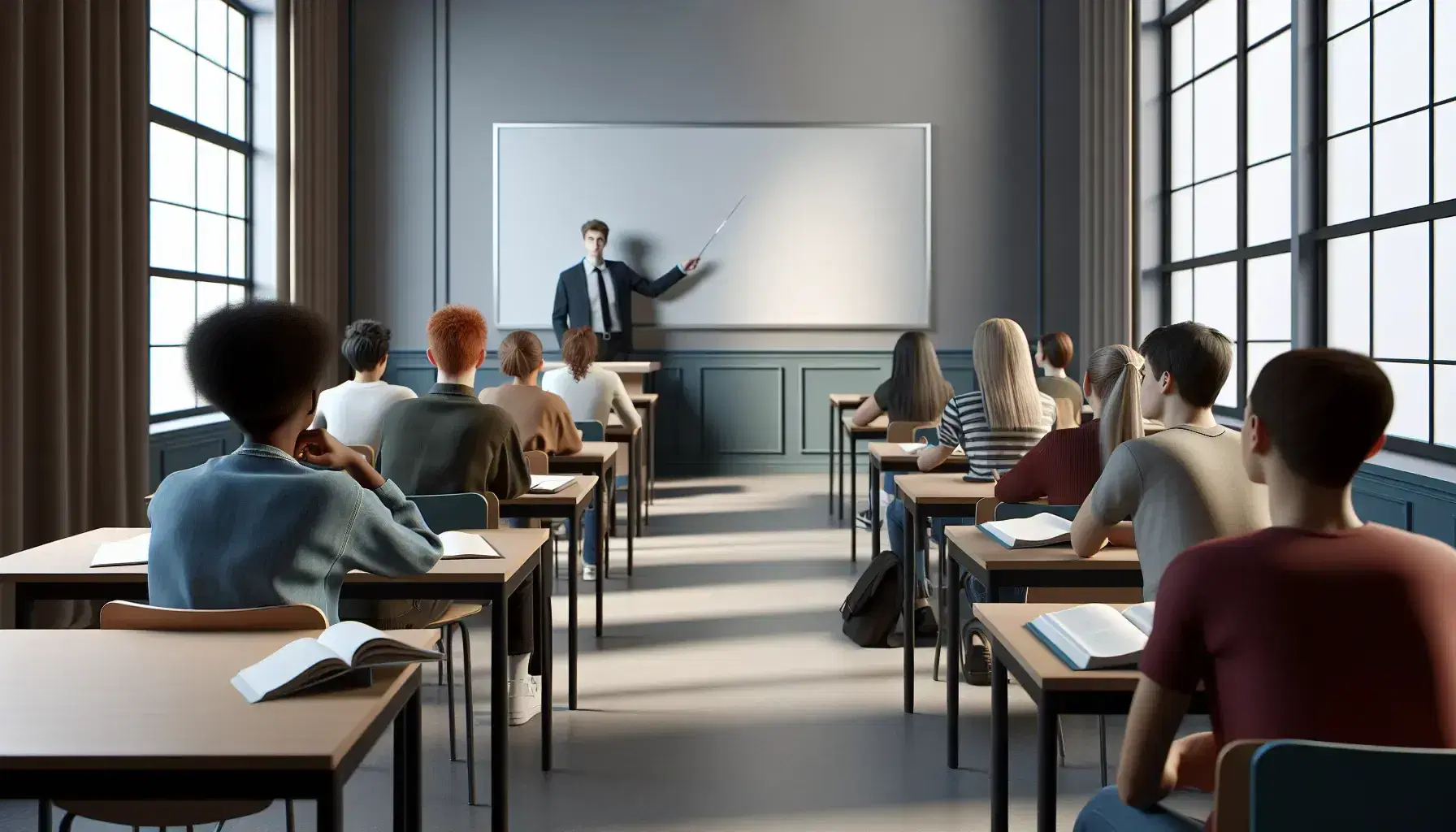 Diverse students in a semi-circle classroom setup with a teacher pointing to a blank whiteboard, natural light illuminating the attentive learners.