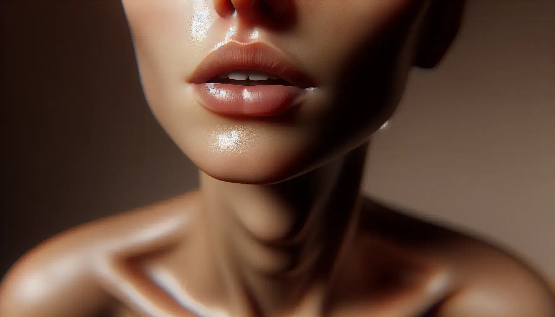 Close-up view of a person's lower face with parted lips revealing upper teeth and tongue, set against a soft-focus neutral background.