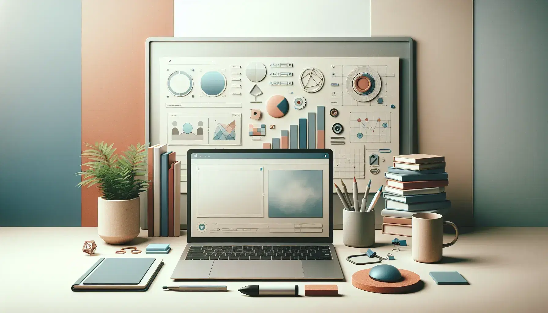 Espacio de trabajo ordenado con portátil abierto, libros apilados, planta, pizarra con diagramas y taza de bebida caliente.