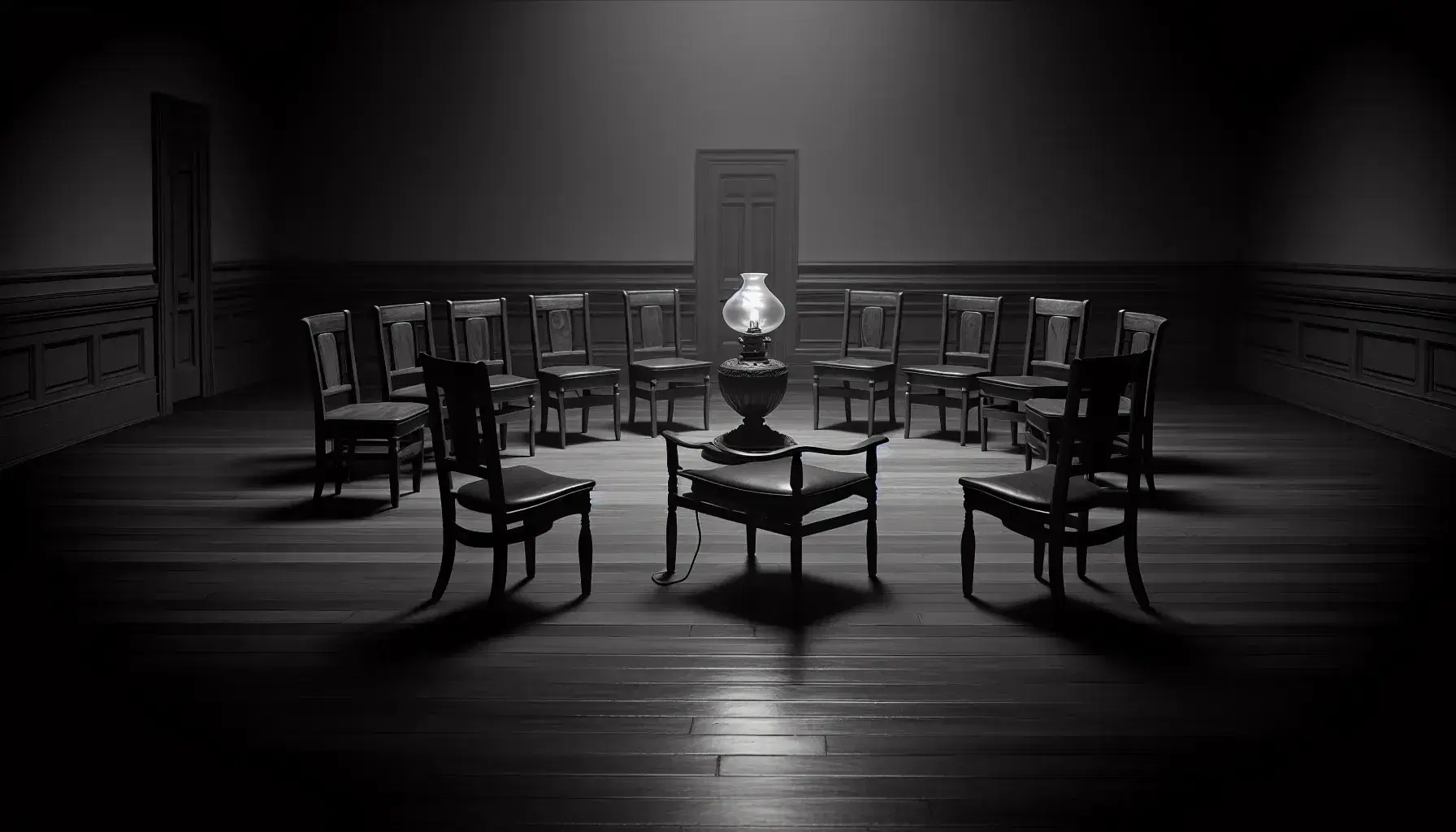 Sedie classiche in cerchio su pavimento in legno scuro con lampada a olio centrale che proietta ombre, senza finestre né scritte.