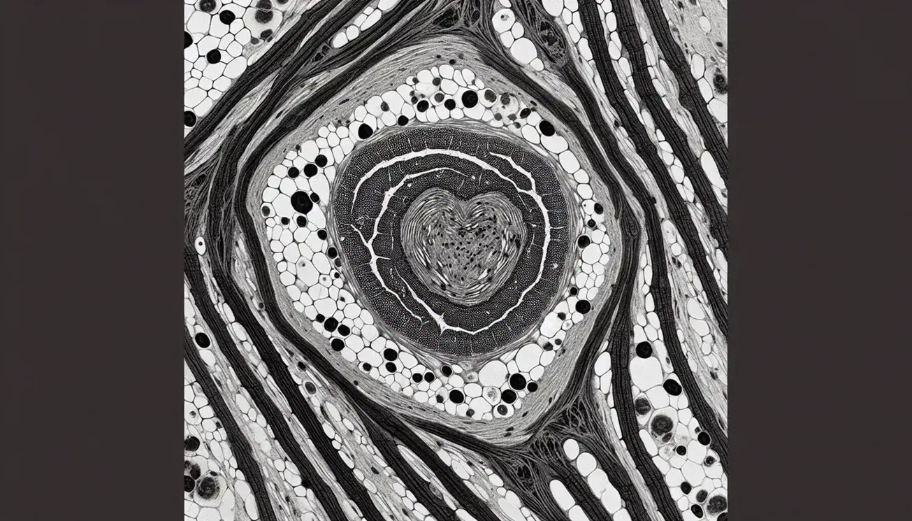 Tessuto cardiaco umano al microscopio elettronico, con striature trasversali, nucleo centrale e dischi intercalati tipici dei cardiomiociti.