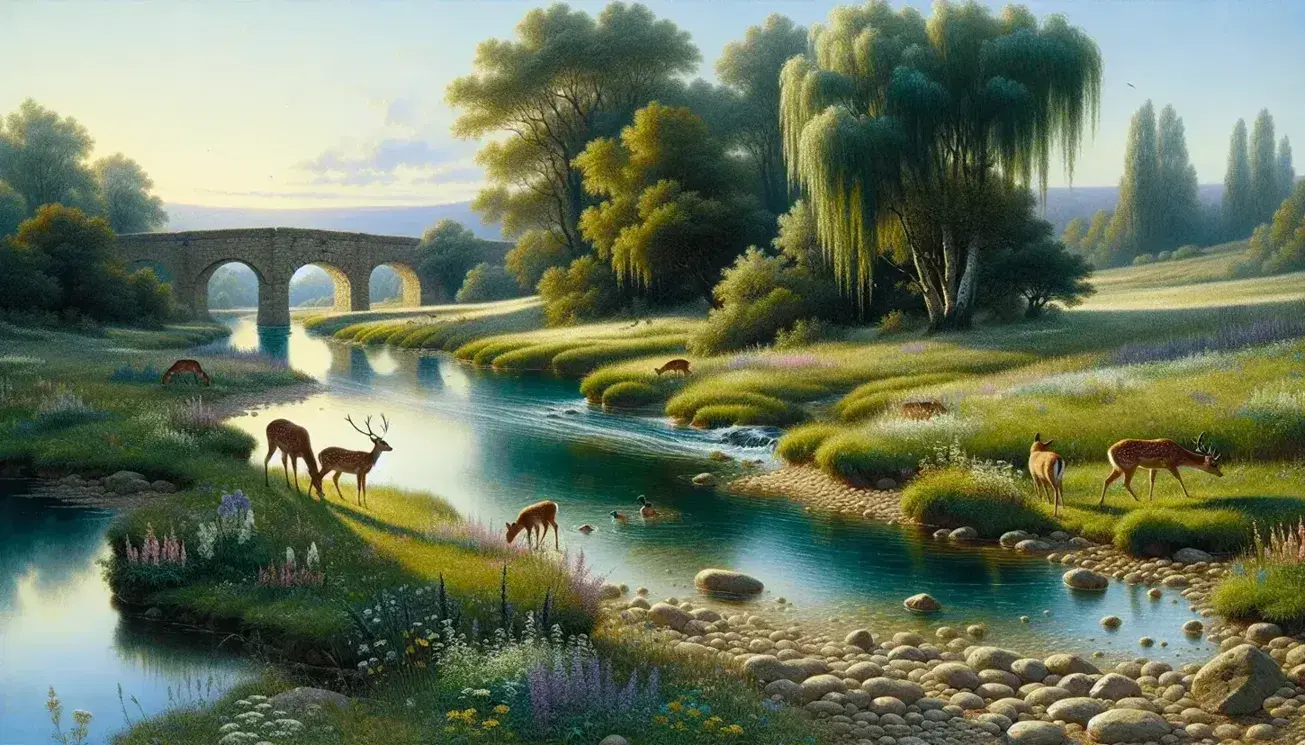 Serene landscape with a river, stone bridge, grazing deer by a pond, and rolling hills under a gradient blue sky, conveying untouched natural beauty.