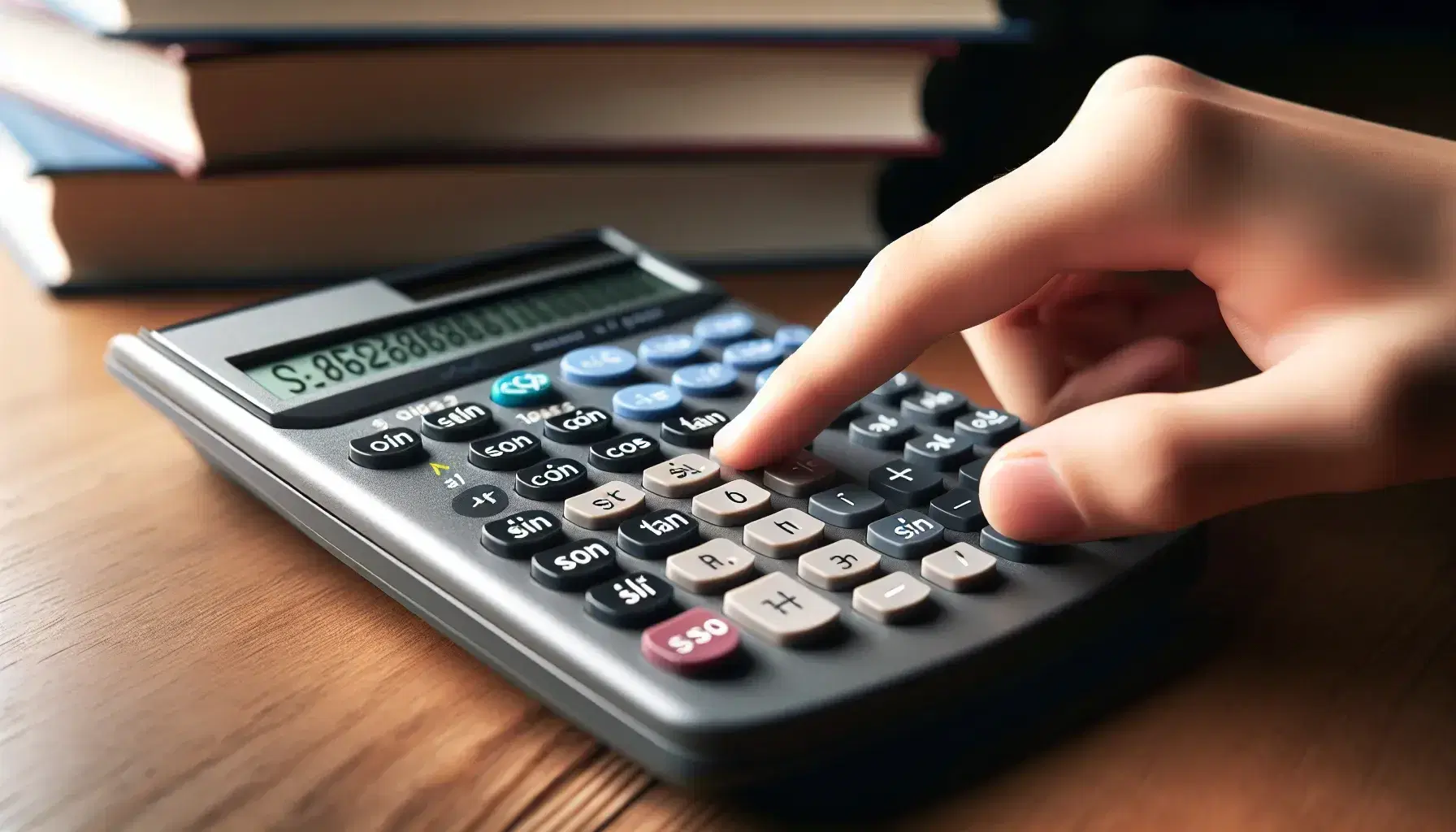 Close-up view of a scientific calculator on a wooden desk, with a hand pressing the inverse sine function button, surrounded by blurred textbooks.